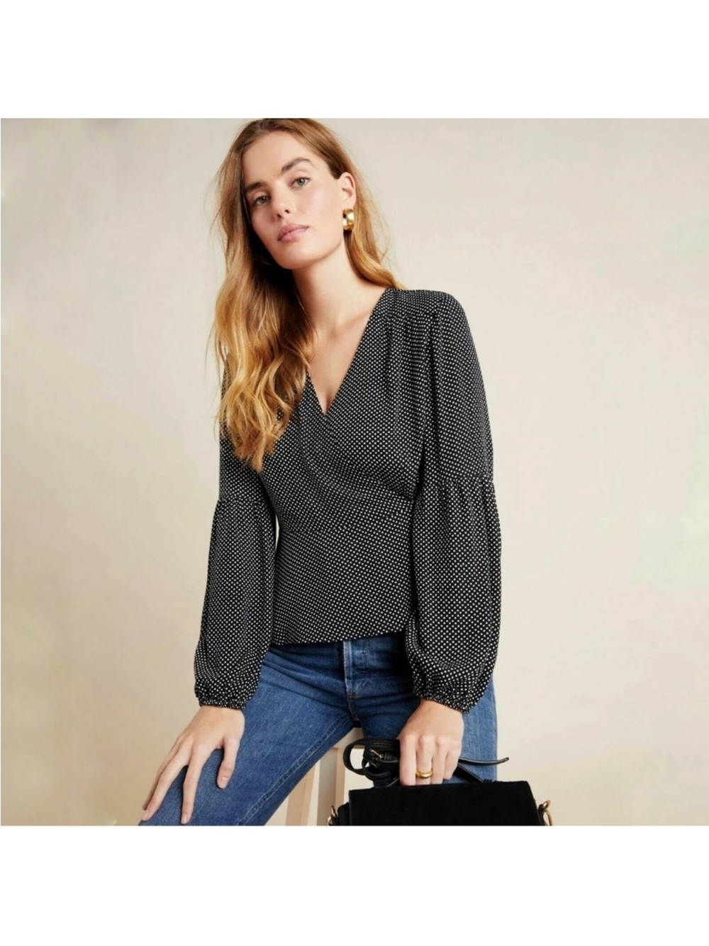 Anthropologie Meave Sz 8 Ingrid Polka Dot Wrap Puffed Sleeves Blouse Shirt